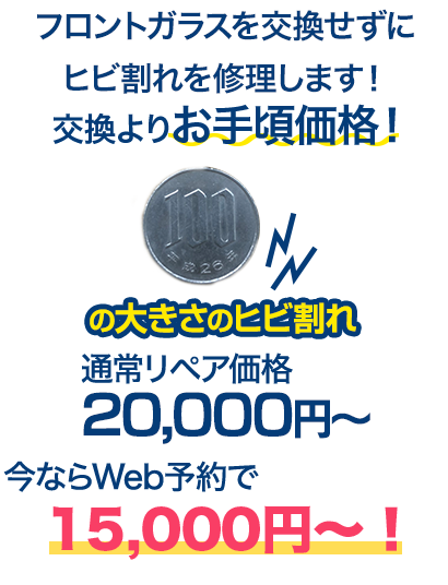 フロントガラスを交換せずにヒビ割れを修理します！交換よりお手頃価格！ 100円玉の大きさのヒビ割れ 通常リペア価格20,000円～のところを、今ならWeb予約で15,000円～！