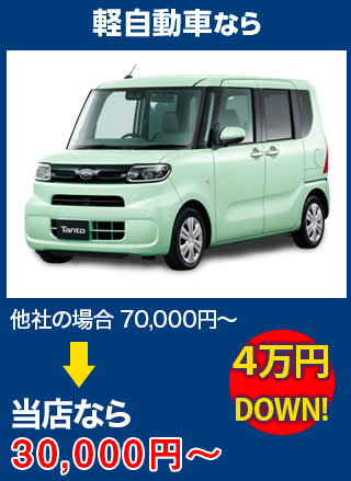 軽自動車なら、他社の場合70,000円～のところを煌ガラス工房119なら30,000円～　5万円DOWN！